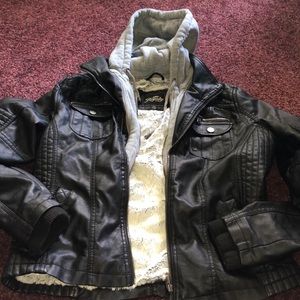 Faux leather hooded zip up jacket w/ built in fur